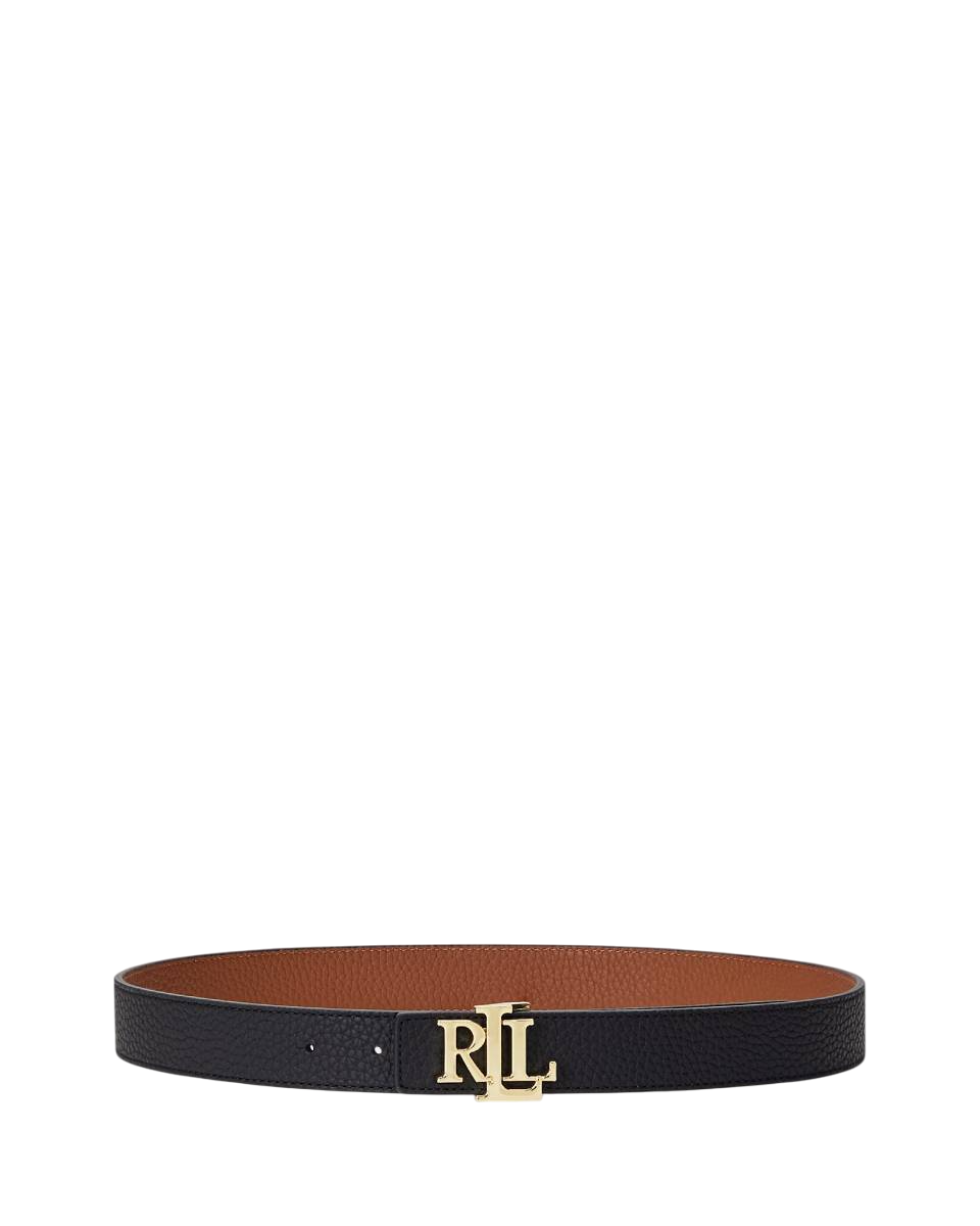 RALPH LAUREN CINTURA DOUBLE-FACE MARTELLATA CON LOGO BLACK/LAUREN TAN