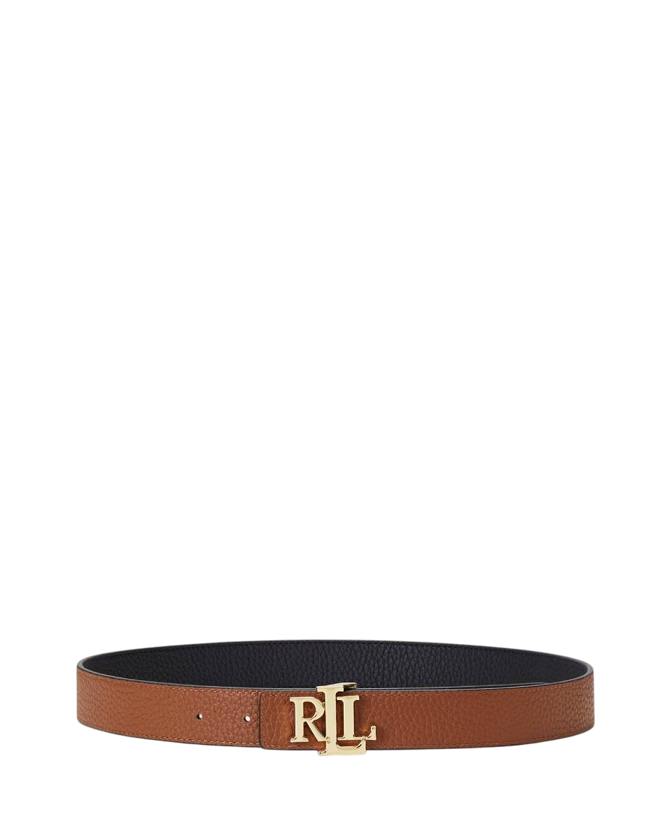 RALPH LAUREN CINTURA DOUBLE-FACE MARTELLATA CON LOGO BLACK/LAUREN TAN