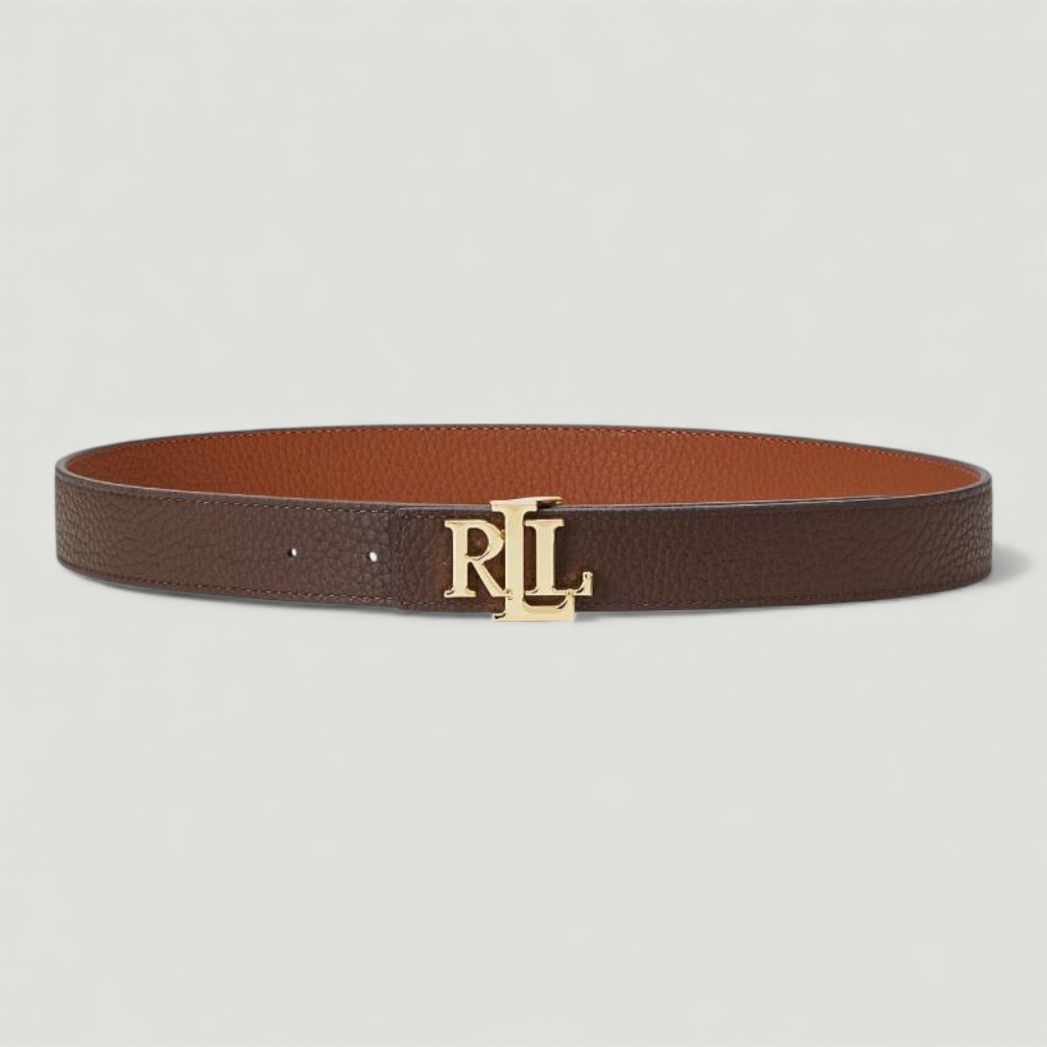 RALPH LAUREN CINTURA DOUBLE-FACE MARTELLATA CON LOGO LAUREN TAN/DARK BROWN