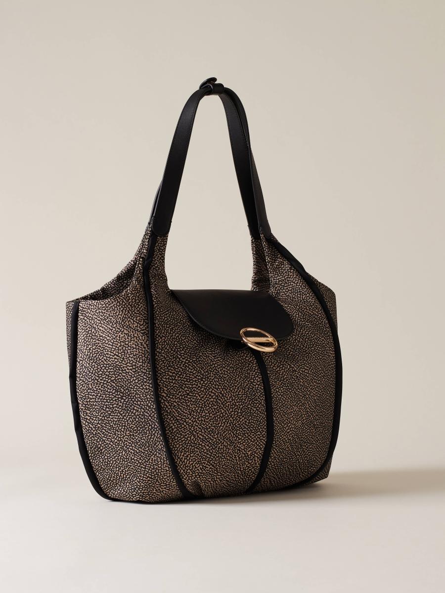 BORBONESE BORSA SHOPPING M. OP NATURALE /NERO  OP NATURALE NERO 2